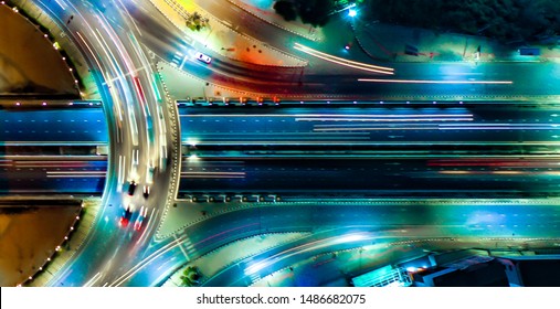 Arial Top View Of Modern Transportation With Expressway, Road And Roundabout, Multilevel Junction Highway-Top View. Important Infrastructure.