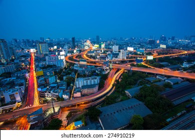 Arial View Of Bangkok City With Main Traffic And Express Way At Night