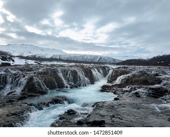 Arial View Of Bruarfoss Waterfall In Iceland By Far Has The Most Blue Water Of All The Waterfalls On The Golden Circle.