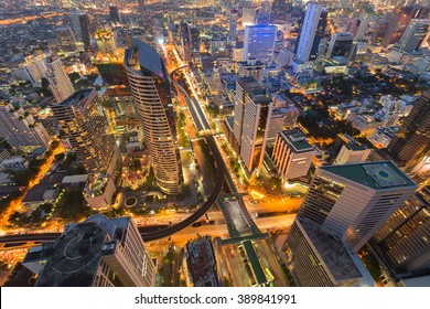 Arial View City Downtown With Train Station Interchanged, Night Lights View