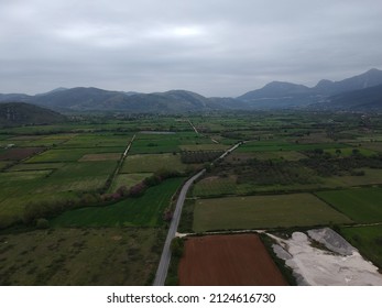 Arial View Farm Fields In Valley Of Paramythia Town In Epirus, Greece