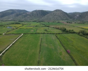 Arial View Farm Fields In Valley Of Paramythia Town In Epirus, Greece