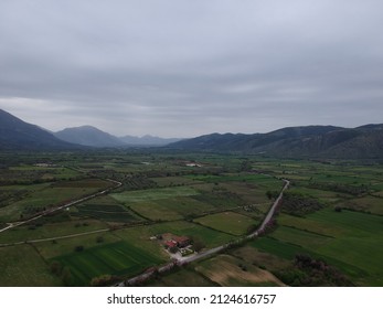 Arial View Farm Fields In Valley Of Paramythia Town In Epirus, Greece