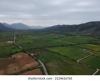 Arial View Farm Fields In Valley Of Paramythia Town In Epirus, Greece