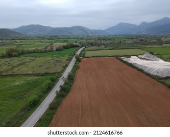 Arial View Farm Fields In Valley Of Paramythia Town In Epirus, Greece