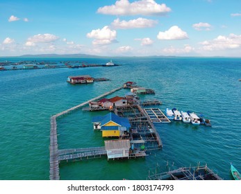 Arial View,  A Floating City Where Some Of The People Live In The Sea And Cultivate Fish. This Is The City Of Sedanau, Natuna, Indonesia