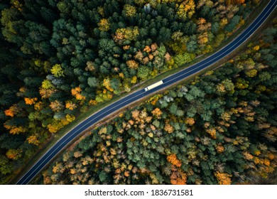 Ариал вид тяжелого грузовика на узкой извилистой дороге. Осенние разноцветные деревья по обочинам дороги.