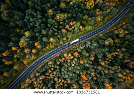 Arial view of heavy truck on a narrow twisting road. Autumn colorful trees by the sides of the road.