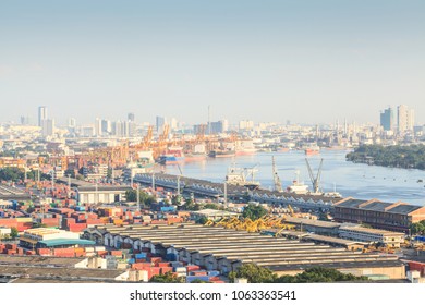 Arial View, Shipping And Bangkok Port. Bangkok Metropolitan Region Backgrounds. Thailand. Warm Tone. Transportation.