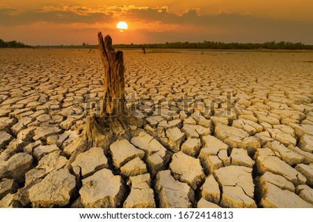 Arid clay soil sun desert global worming concept cracked scorched earth soil drought desert landscape dramatic sunset