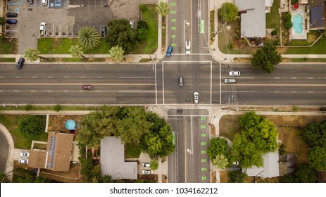 Ariel Drone View Of Suburban Street Intersection