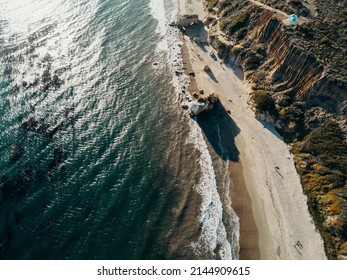 Ariel Photography Of California Beach From The Sky. Beautiful Water And Sandy Beach