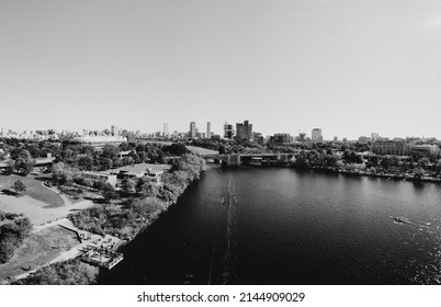 Ariel Photography, High Angle View Of Boston, MA With River And Cityscape In Background