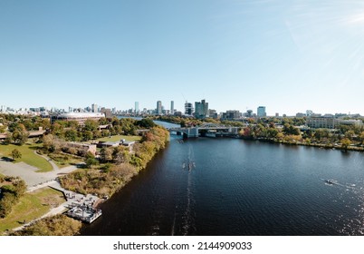 Ariel Photography, High Angle View Of Boston, MA With River And Cityscape In Background