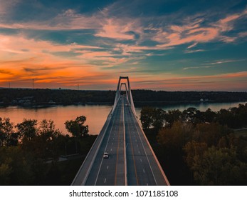 Ariel shot of a sunset over a bridge in Louisville Kentucky