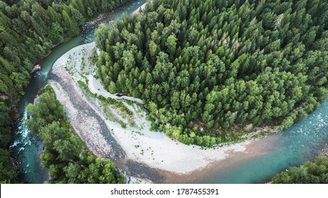 Ariel View Of A Beautiful Forest And Stream