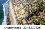 Ariel view of Boco Bluffs in San Clemente, CA.  Coastline, beach, railroad tracks, pacific ocean and ocean view homes in shot