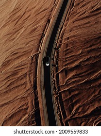 Ariel View Of Car On A Lonely Road