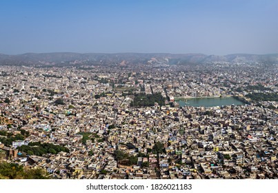 Ariel View Of Densely Crowded Colorful Houses In Jaipur City In Uttar Pradesh, India.