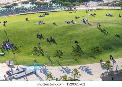 Ariel View Of The Foreshore Of People On The Lawn And Skate Parks, Scarborough Foreshore, Perth Western Australia Sept 2019.