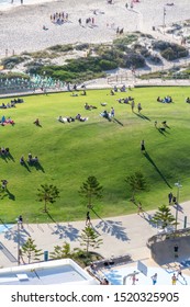 Ariel View Of The Foreshore Of People On The Lawn And Skate Parks, Scarborough Foreshore, Perth Western Australia Sept 2019.