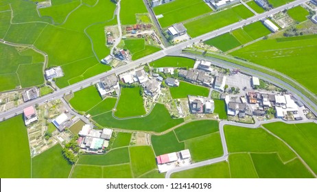 Ariel View Green Rice Field With Houses/small Town In Yilan,taiwan 