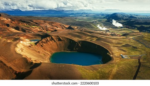 Ariel view of Krafla volcanic caldera, Iceland