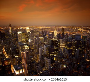 Ariel View Of The New York City Skyline At Sunset