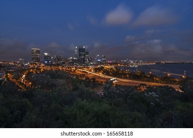 Ariel View Of Perth City From Kings Park At Night, Perth, Australia.