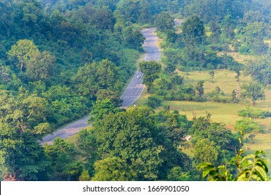 Ariel View Of The Road Passing Through The Jungle In India