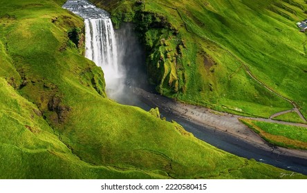 Ariel View Of Skogafoss Waterfall, Iceland