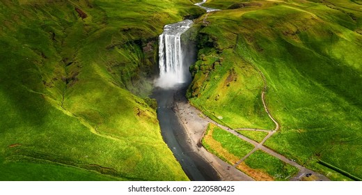 Ariel View Of Skogafoss Waterfall, Iceland