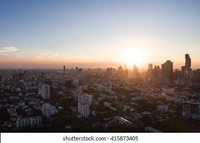 Ariel View Of Urban City Scape At Sunset Taken At Dusk Time