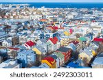 Ariel views over the colourfull houses of Reykjavík in Iceland.