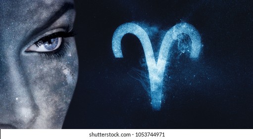Aries Zodiac Sign. Astrology women night sky background - Shutterstock ID 1053744971