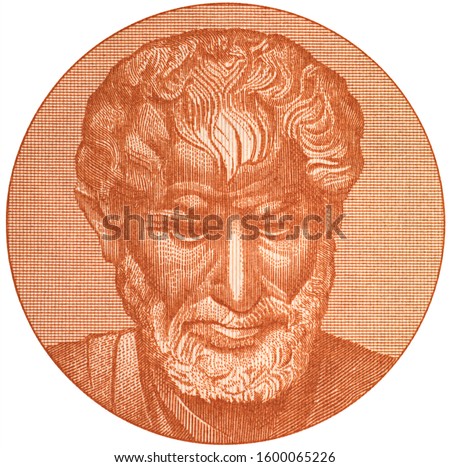 Aristotle portrait on 10000 Greece drachma (1947) banknote isolated on white. Genius Ancient Greek philosopher, tutor of Alexander the Great.