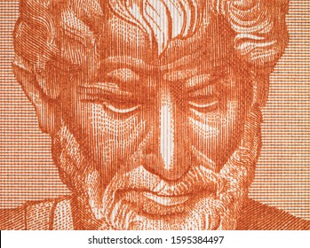 Aristotle portrait on old Greece drachma banknote close up macro. Genius Ancient Greek philosopher, Father of Western Philosophy. Vintage engraving.
