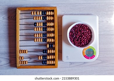 Arithmetic abacus and scales for weighing products.