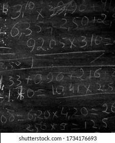 Arithmetic Operations With Rational Numbers, Additions And Subtractions, Handwritten On An Old Chalkboard During The Maths Class. Maths Against Black Chalkboard