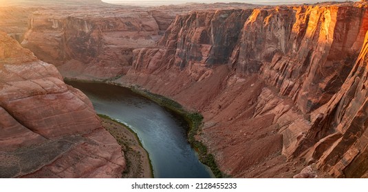 Arizona Horseshoe Bend in Grand Canyon. Red rock canyon road panoramic landscape. Mountain road in red rock canyon desert panorama