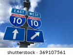 Arizona I10 East West Highway direction signs with copy space to right on blue sky