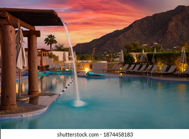 Arizona resort with pool during sunset