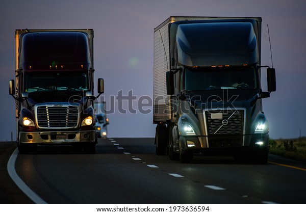 Arizona, USA - 2020: Big trucks on the road in\
the USA. Truckers. Work in\
transport