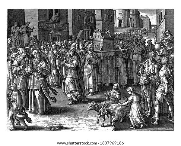 The Ark of the Covenant is carried into\
Jerusalem. King David runs for the Ark and plays his harp. Others\
Israelites blow trumpets and horns. On the right a ram, goat and\
bull, vintage engraving.
