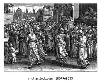 The Ark Of The Covenant Is Carried In A Procession To The Temple Of Solomon. King Solomon Walks Ahead Of The Ark. Sung From Music Books And Played On Trumpets, Vintage Engraving.