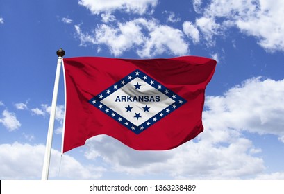 Arkansas Flag Mockup In The Wind. Flag Of The State Of Arkansas. Flag Of The USA State. Motto: 