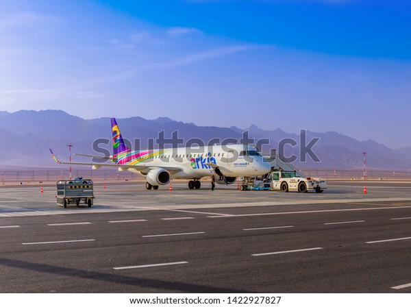 Arkia Airlines Airplane In\
New Ramon International Airport in Eilat,  Arava desert,  Israel,\
2019\

