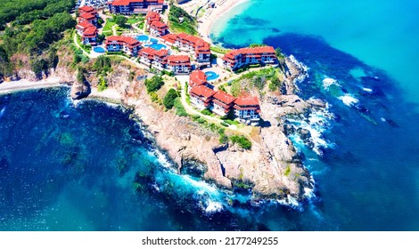 Arkutino, Bulgaria. Aerial  View Of Picturesque Black Sea Bulgarian Coastline With Arkutino Peninsula.