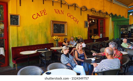 Arles / France - September 28, 2019: The former Cafe la Nuit, now the Cafe Van Gogh— Vincent Van Gogh’s favorite and site of the quarrel with his friend and fellow artist Paul Gauguin.      