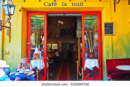 Arles / France - September 28, 2019: The former Cafe la Nuit, now the Cafe Van Gogh— Vincent Van Gogh’s favorite and site of the quarrel with his friend and fellow artist Paul Gauguin.      